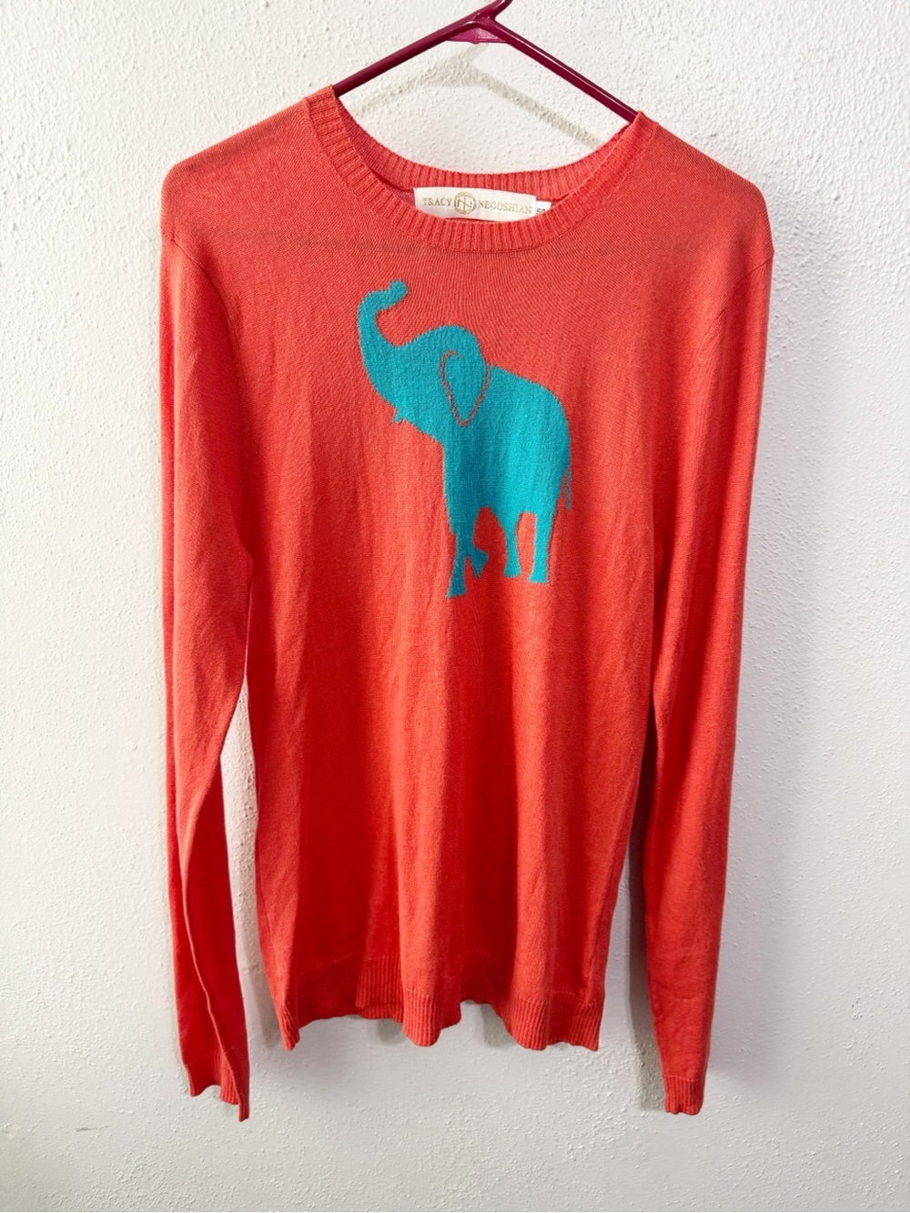 Tracy Negoshian Coral Crewneck Sweater with Teal Elephant s/m